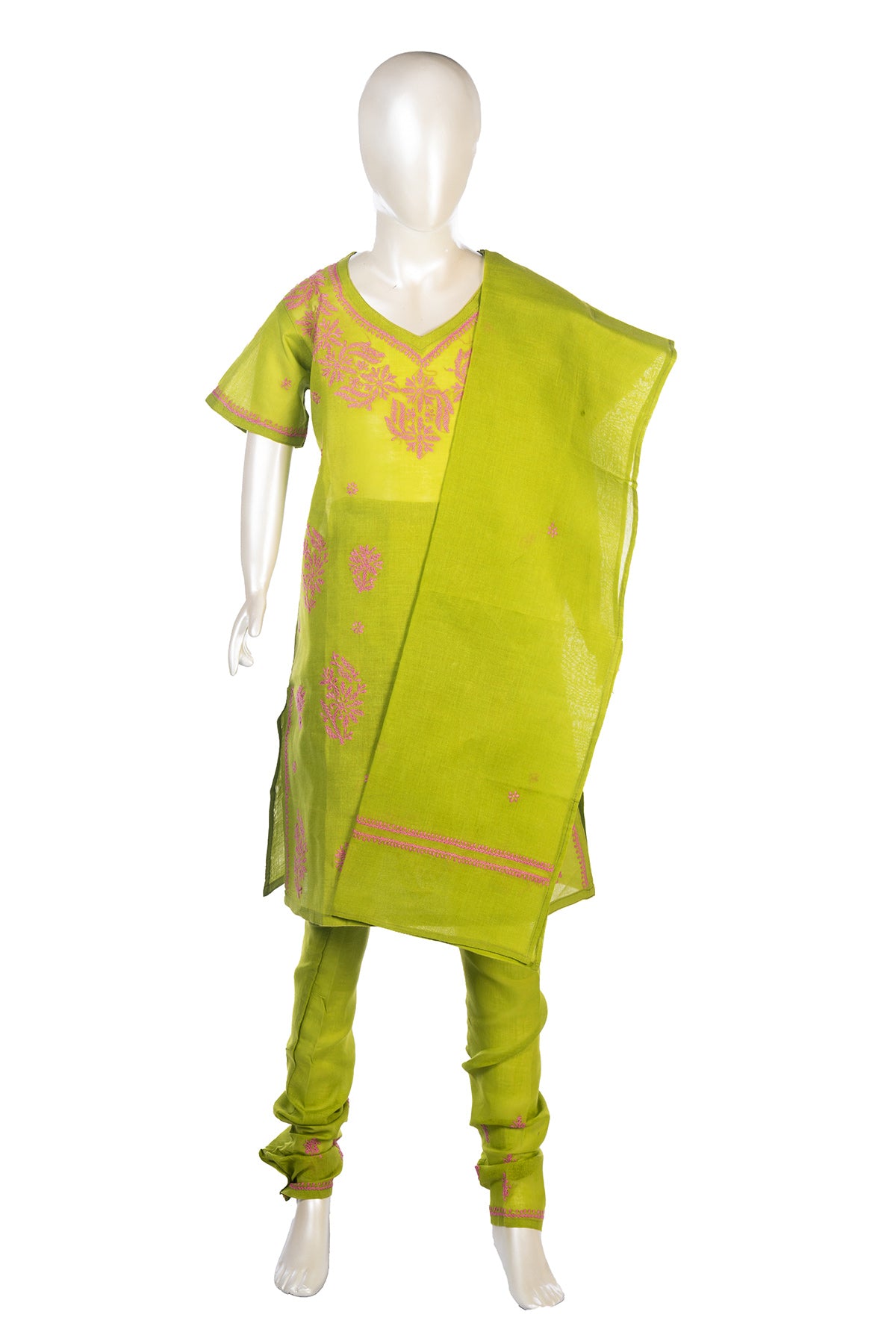 Silakaari Zubaan Mehendi Green-Pink Pure Cotton Lucknowi ChikanKari Kurti Pant With Dupatta Set For Girls