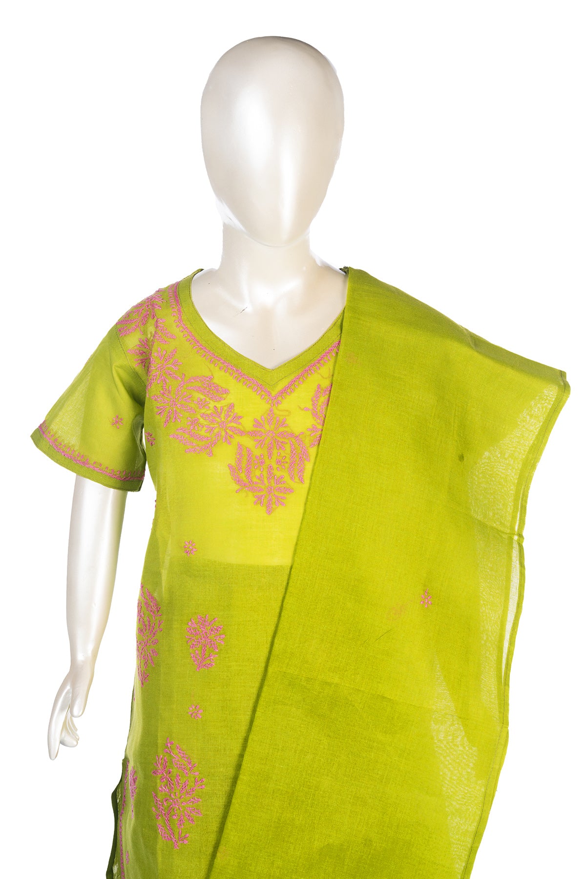 Silakaari Zubaan Mehendi Green-Pink Pure Cotton Lucknowi ChikanKari Kurti Pant With Dupatta Set For Girls