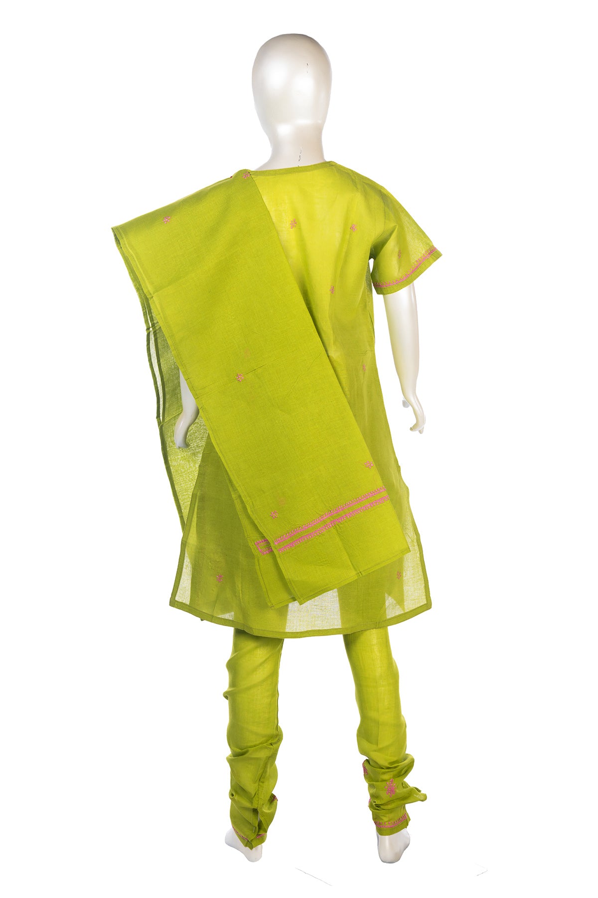 Silakaari Zubaan Mehendi Green-Pink Pure Cotton Lucknowi ChikanKari Kurti Pant With Dupatta Set For Girls