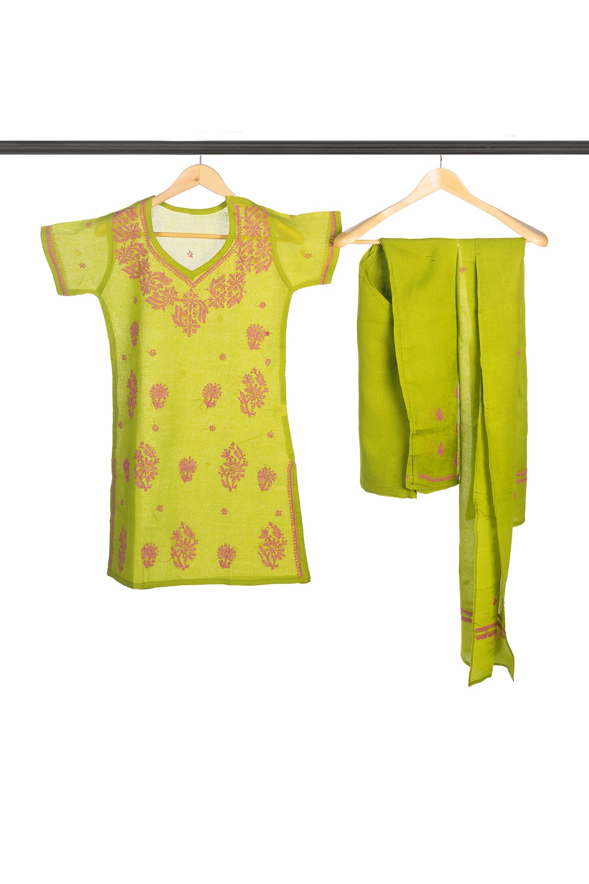 Silakaari Zubaan Mehendi Green-Pink Pure Cotton Lucknowi ChikanKari Kurti Pant With Dupatta Set For Girls