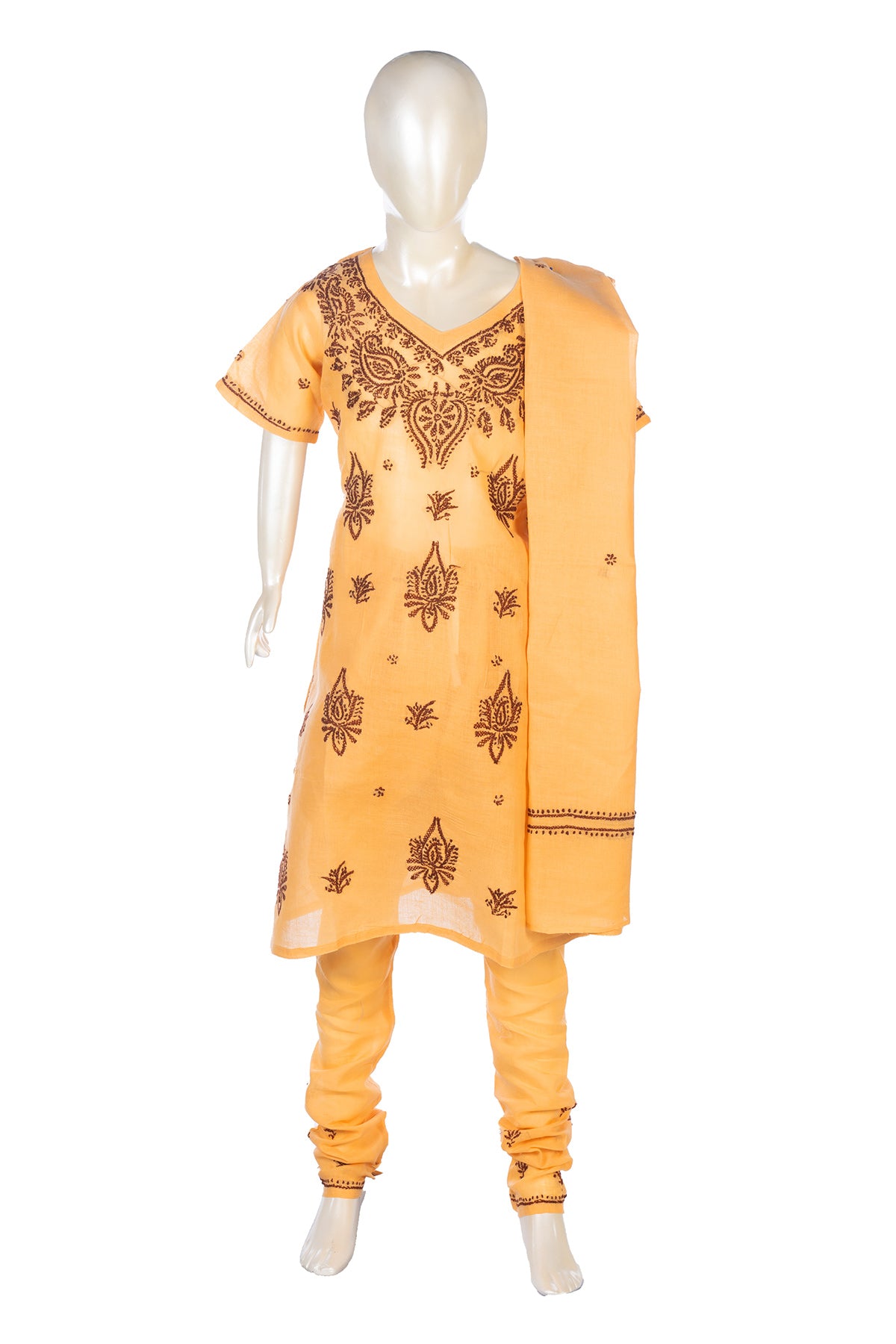 Silakaari Alayna Beige-Brown Pure Cotton Lucknowi ChikanKari Kurti Pant With Dupatta Set For Girls