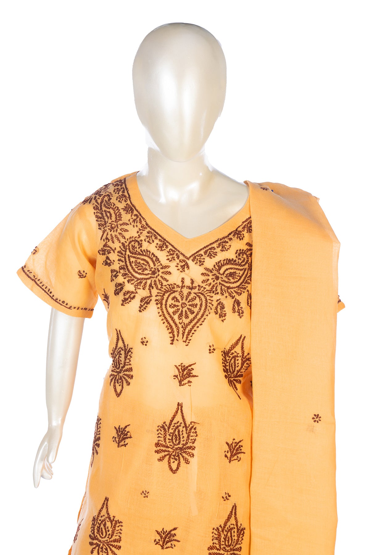 Silakaari Alayna Beige-Brown Pure Cotton Lucknowi ChikanKari Kurti Pant With Dupatta Set For Girls