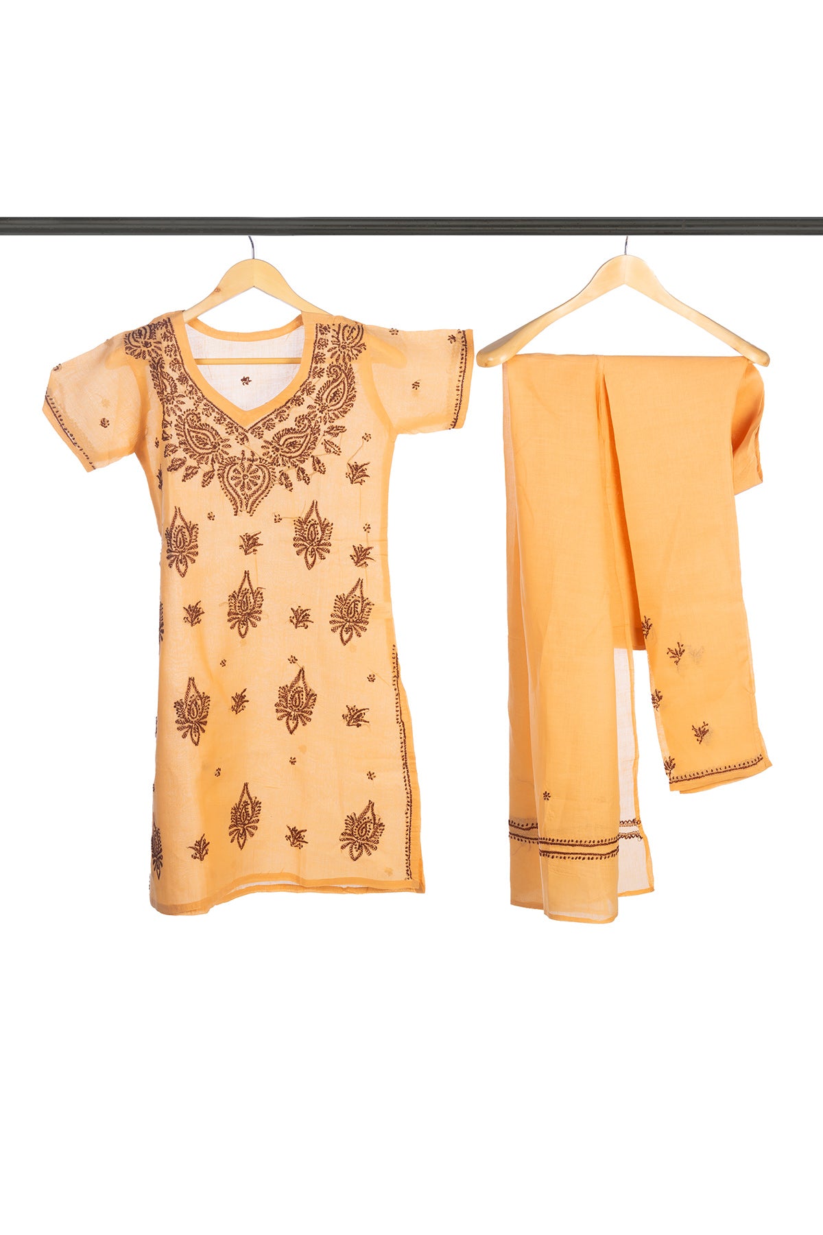 Silakaari Alayna Beige-Brown Pure Cotton Lucknowi ChikanKari Kurti Pant With Dupatta Set For Girls