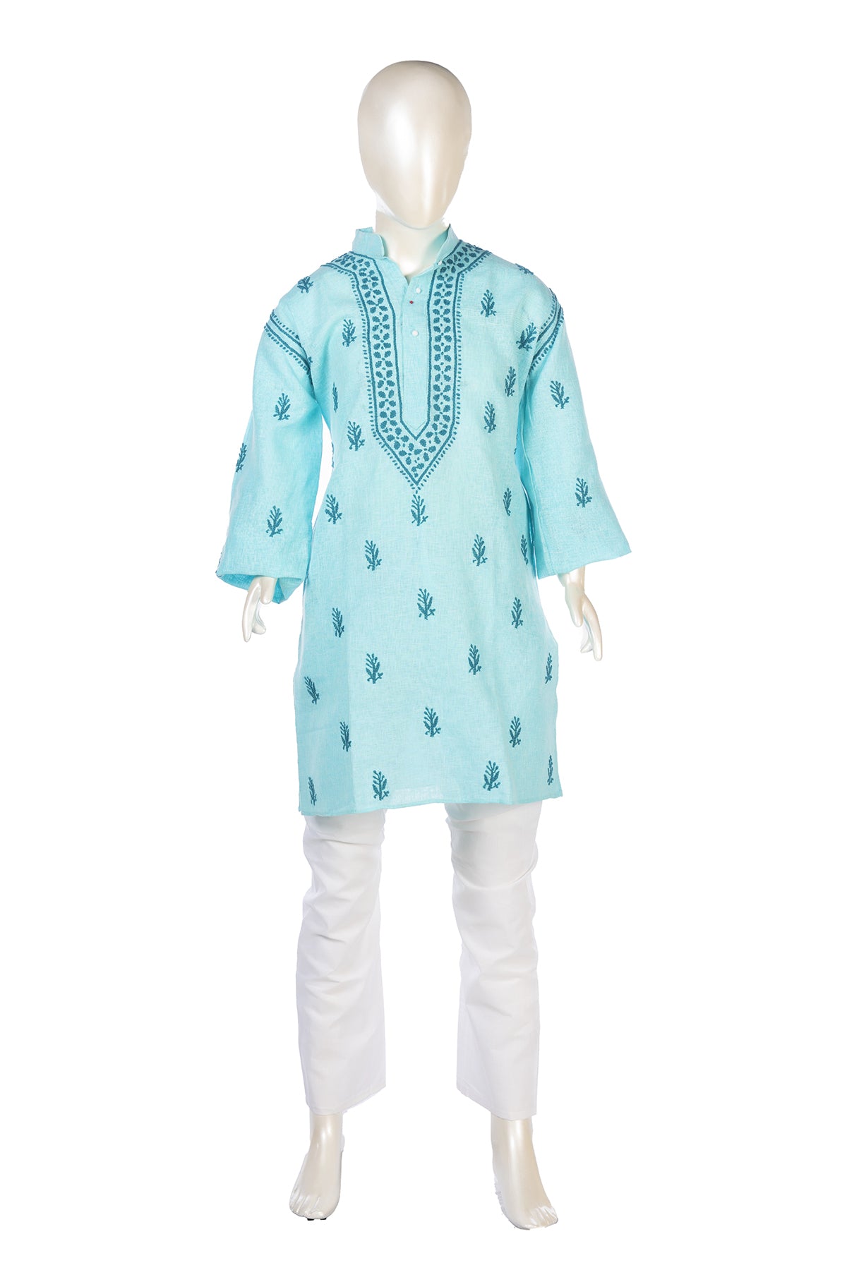 Silakaari Anas Turquoise Pure Lucknowi Chikankari Kurta Pyjama Set For Boys