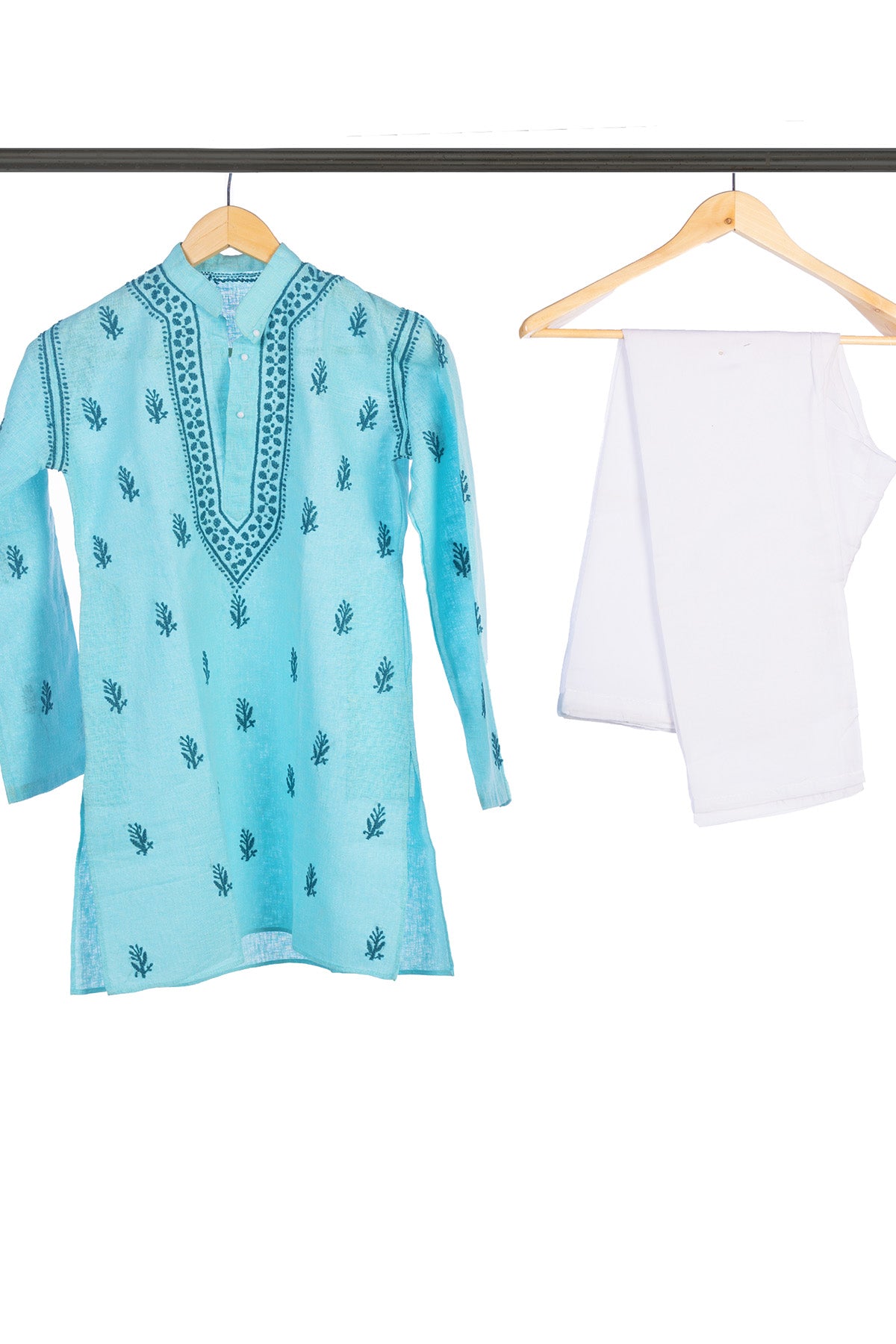 Silakaari Anas Turquoise Pure Lucknowi Chikankari Kurta Pyjama Set For Boys