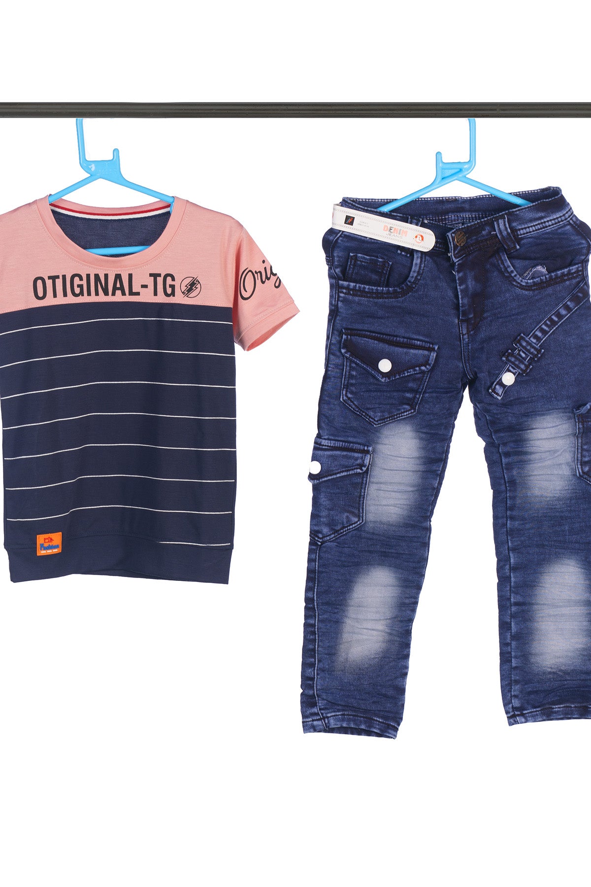 Silakaari Kace Blue Striped T-Shirt With Blue Denim Jeans Set For Boys