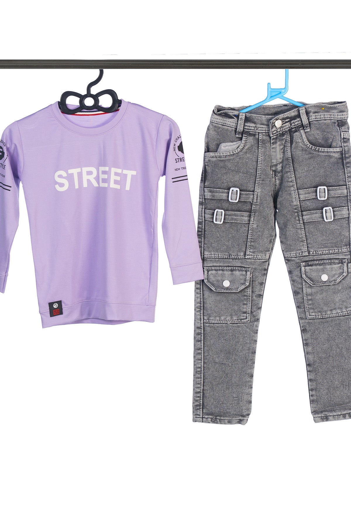 Silakaari Boker Purple T-Shirt With Grey Denim Jeans Set For Boys