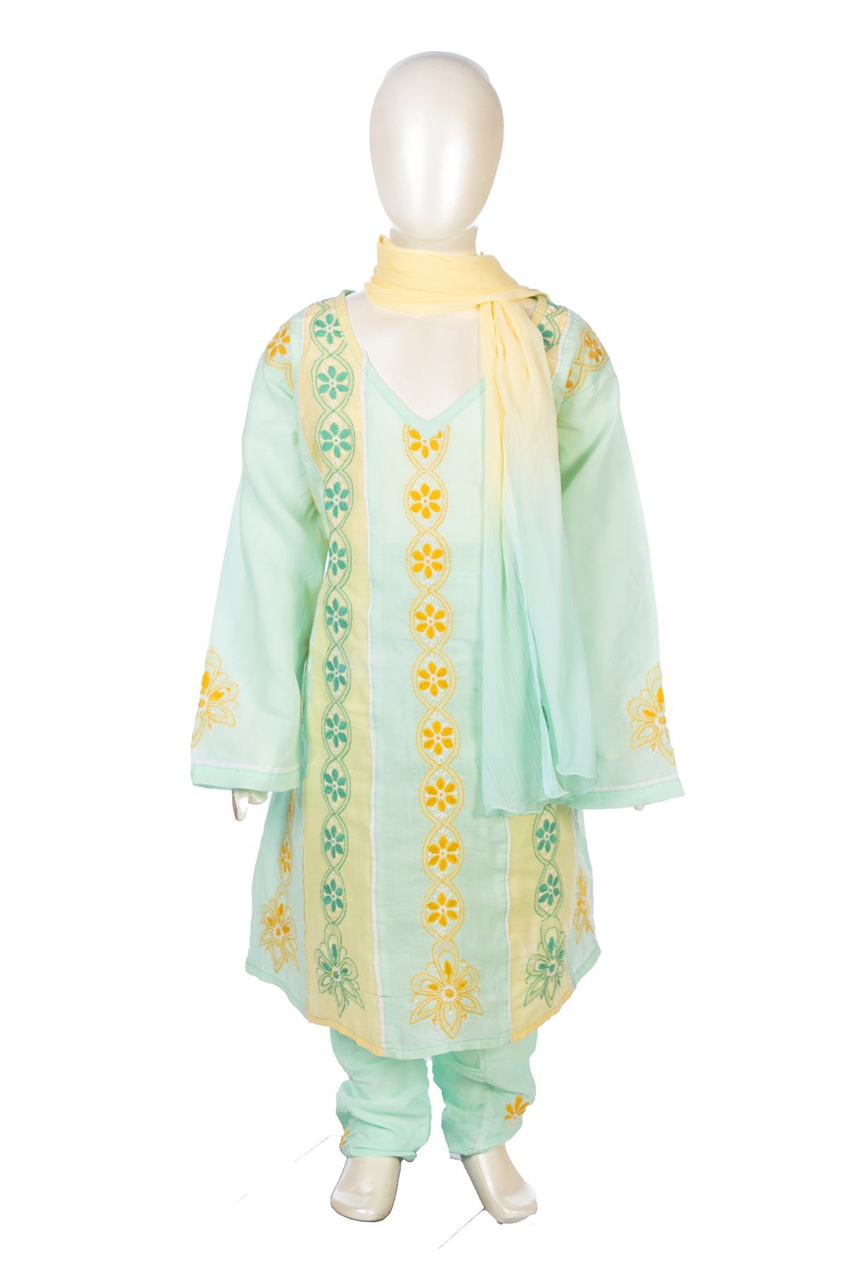 Silakaari Sadaf Green-Yellow Pure Cotton Lucknowi ChikanKari Anarkali Kurti Pant With Dupatta Set For Girls