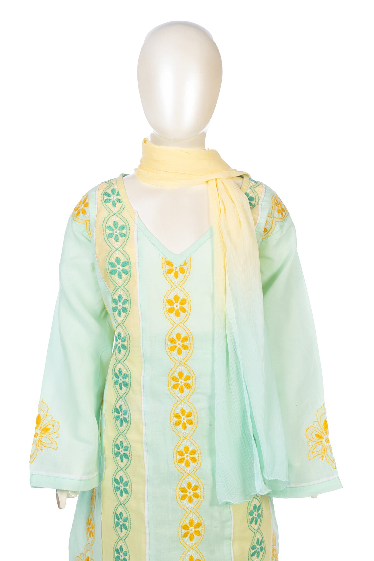 Silakaari Sadaf Green-Yellow Pure Cotton Lucknowi ChikanKari Anarkali Kurti Pant With Dupatta Set For Girls