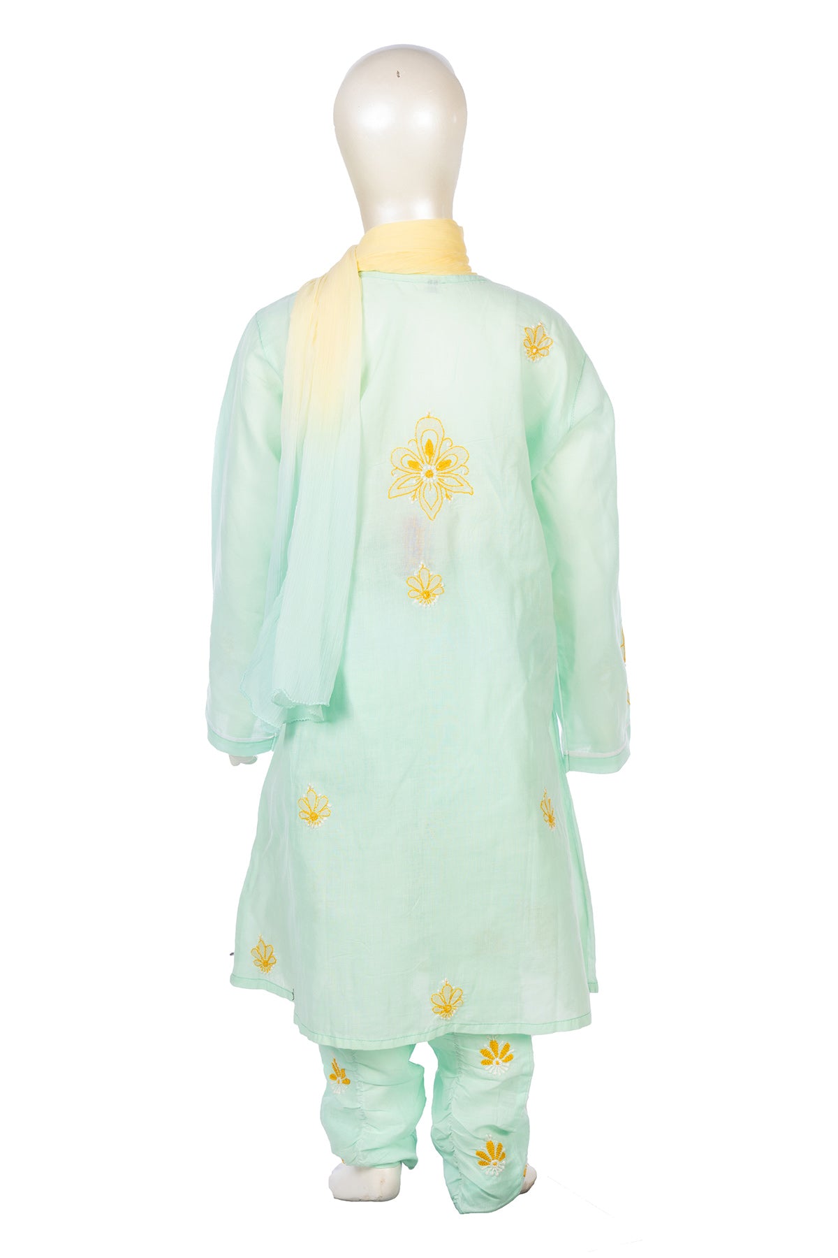 Silakaari Sadaf Green-Yellow Pure Cotton Lucknowi ChikanKari Anarkali Kurti Pant With Dupatta Set For Girls