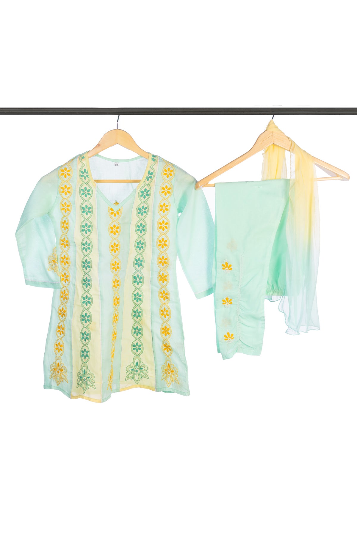 Silakaari Sadaf Green-Yellow Pure Cotton Lucknowi ChikanKari Anarkali Kurti Pant With Dupatta Set For Girls