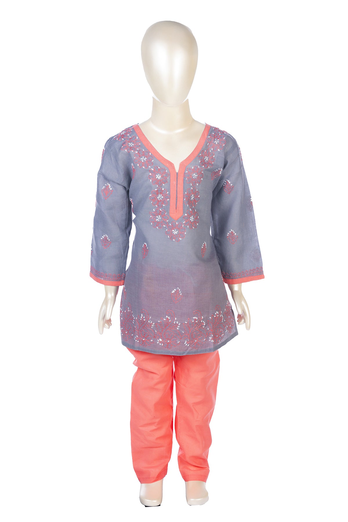 Silakaari Anam Grey-Pink Pure Cotton Lucknowi ChikanKari Kurti Pant Set For Girls