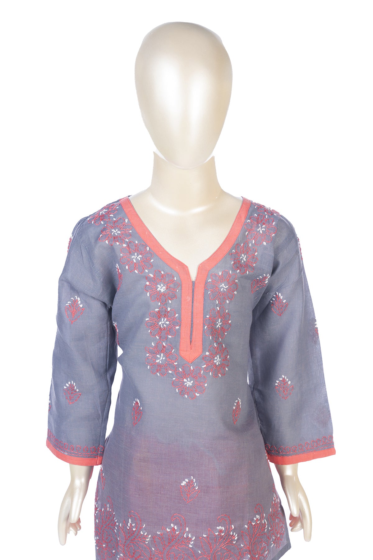 Silakaari Anam Grey-Pink Pure Cotton Lucknowi ChikanKari Kurti Pant Set For Girls