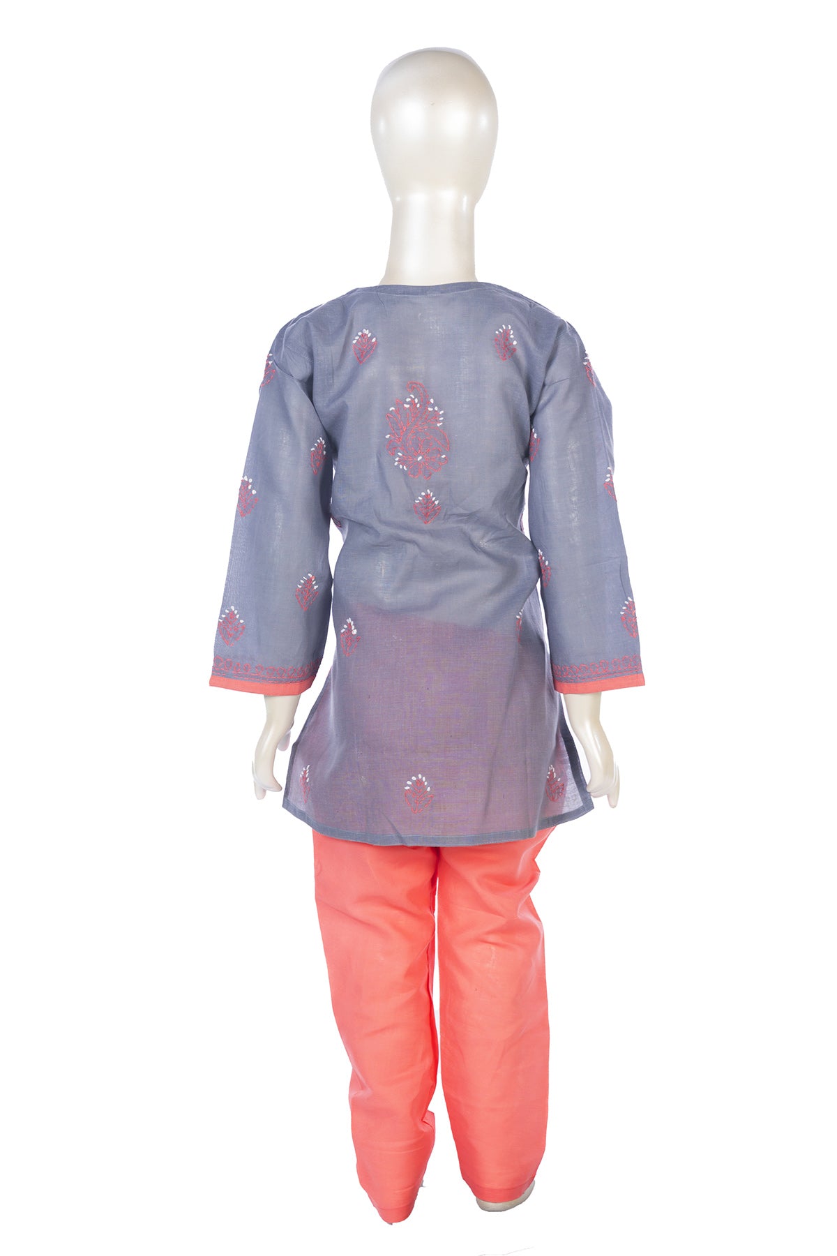 Silakaari Anam Grey-Pink Pure Cotton Lucknowi ChikanKari Kurti Pant Set For Girls