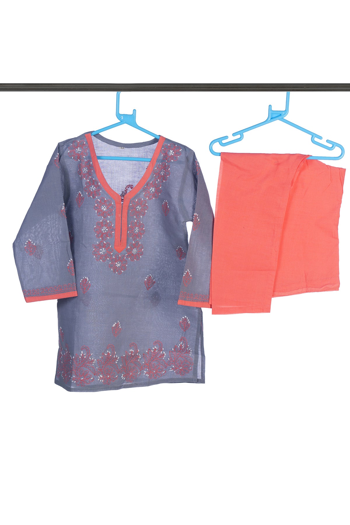 Silakaari Anam Grey-Pink Pure Cotton Lucknowi ChikanKari Kurti Pant Set For Girls