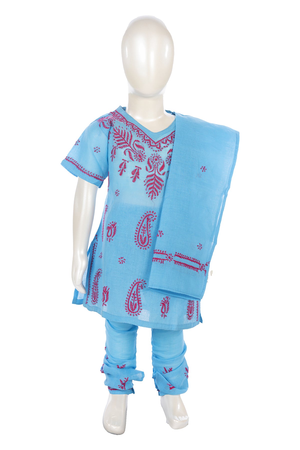 Silakaari Anarya Blue-Pink Pure Cotton Lucknowi ChikanKari Kurti Pant With Dupatta Set For Girls
