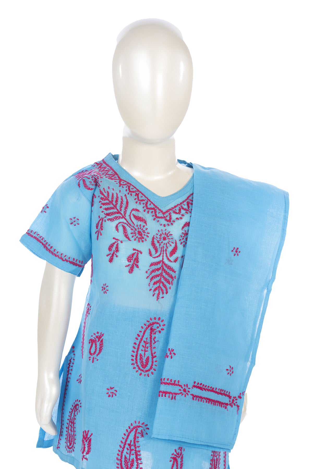 Silakaari Anarya Blue-Pink Pure Cotton Lucknowi ChikanKari Kurti Pant With Dupatta Set For Girls