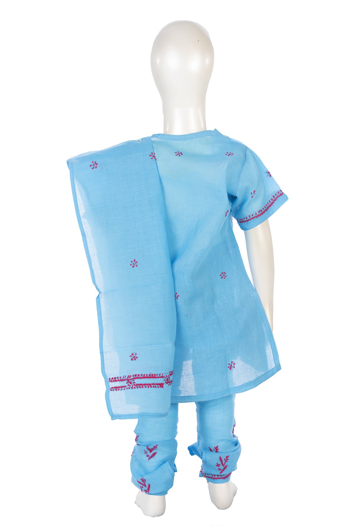 Silakaari Anarya Blue-Pink Pure Cotton Lucknowi ChikanKari Kurti Pant With Dupatta Set For Girls