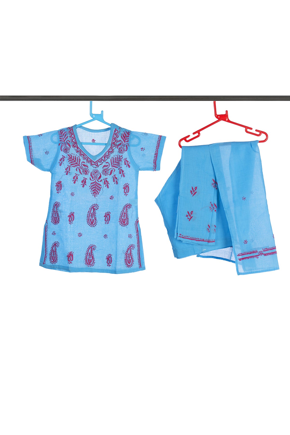 Silakaari Anarya Blue-Pink Pure Cotton Lucknowi ChikanKari Kurti Pant With Dupatta Set For Girls