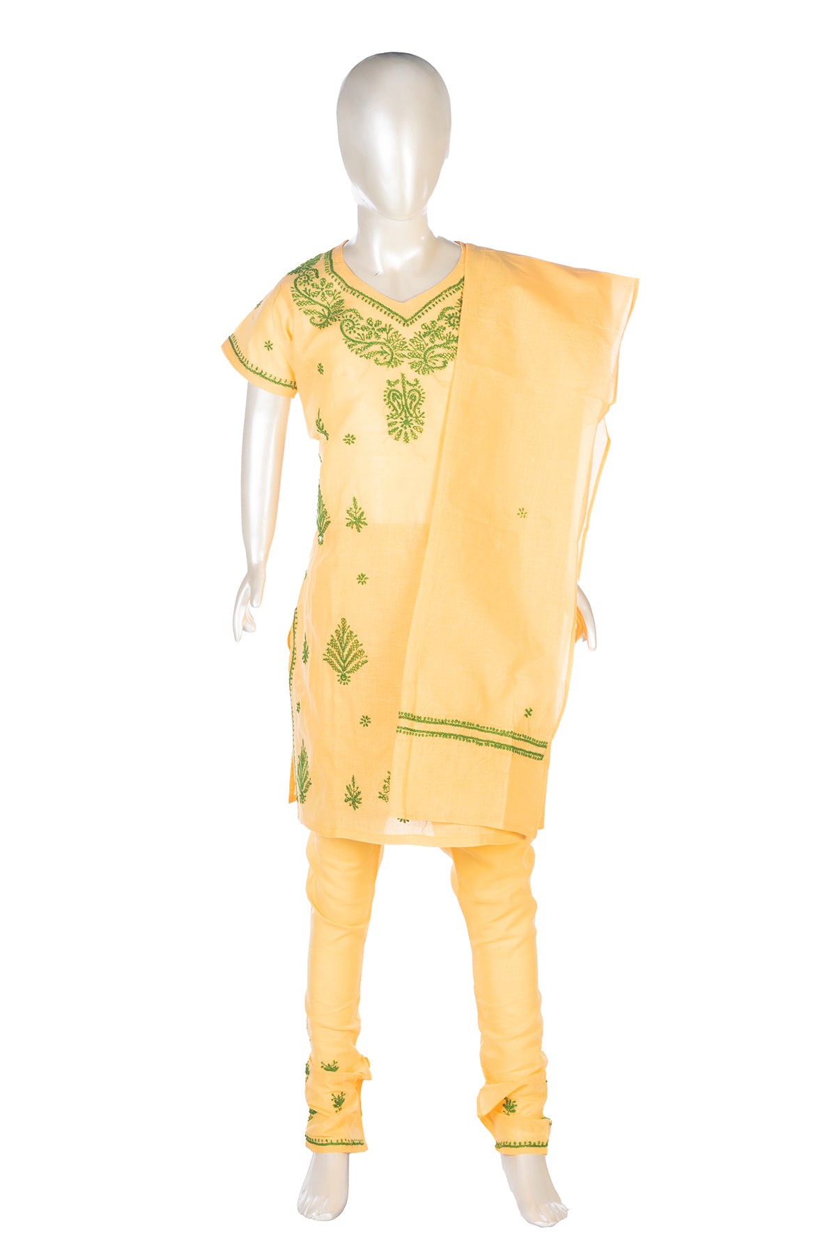 Silakaari Aabida Yellow-Green Pure Cotton Lucknowi ChikanKari Kurti Pant With Dupatta Set For Girls