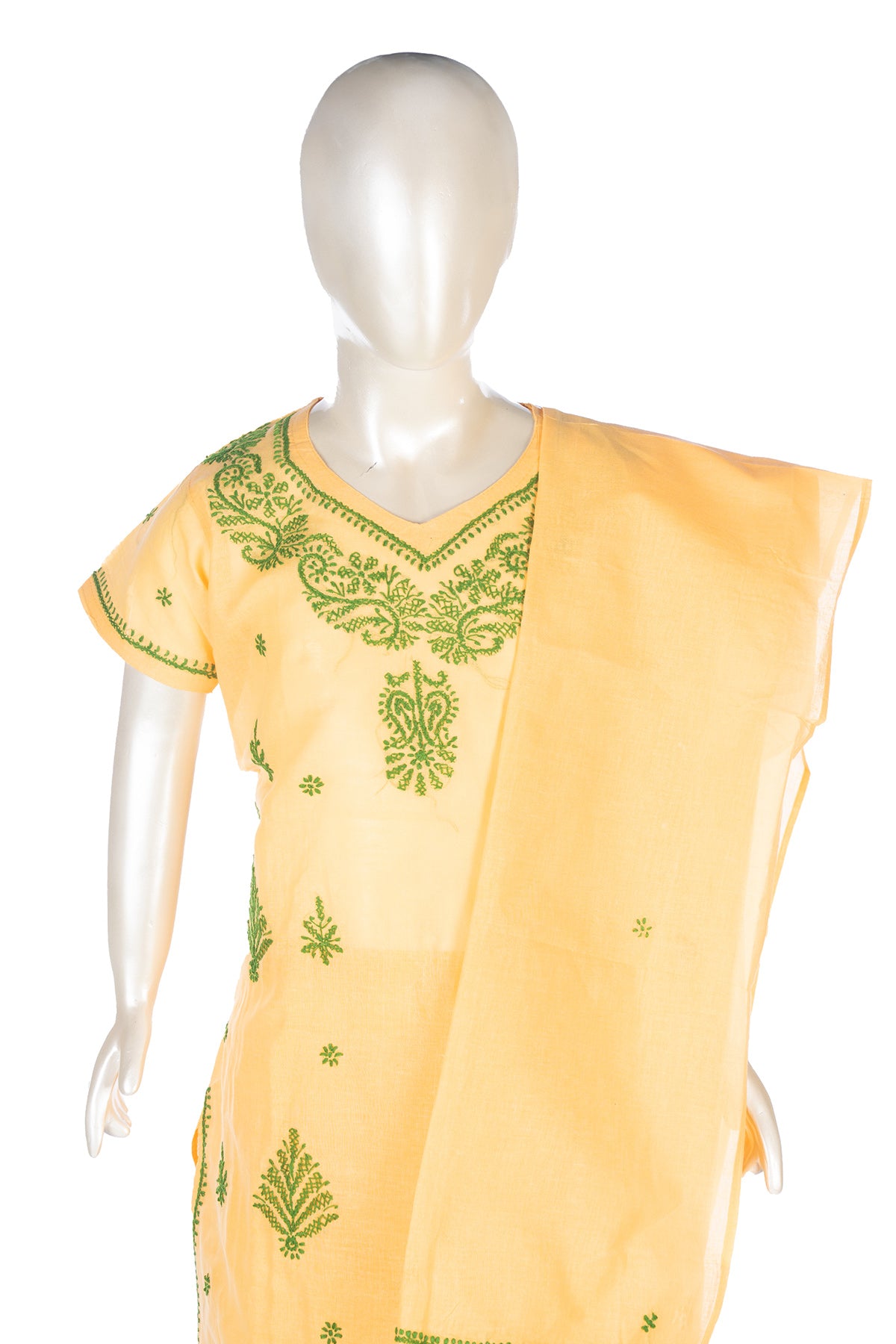 Silakaari Aabida Yellow-Green Pure Cotton Lucknowi ChikanKari Kurti Pant With Dupatta Set For Girls
