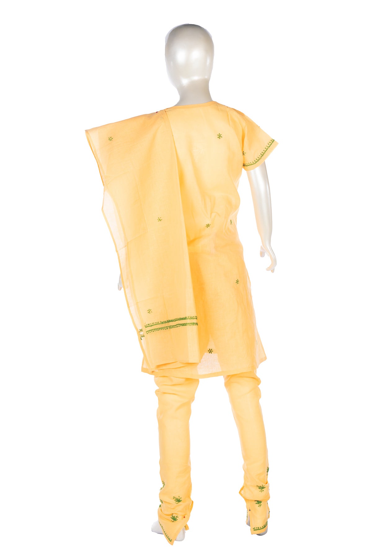 Silakaari Aabida Yellow-Green Pure Cotton Lucknowi ChikanKari Kurti Pant With Dupatta Set For Girls