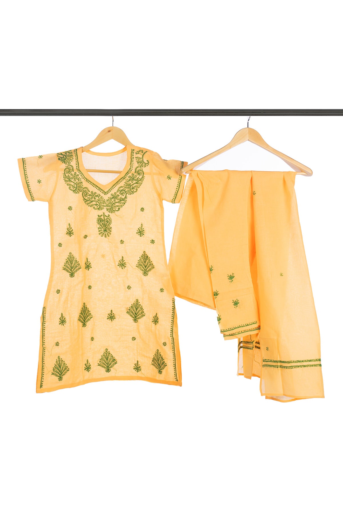 Silakaari Aabida Yellow-Green Pure Cotton Lucknowi ChikanKari Kurti Pant With Dupatta Set For Girls