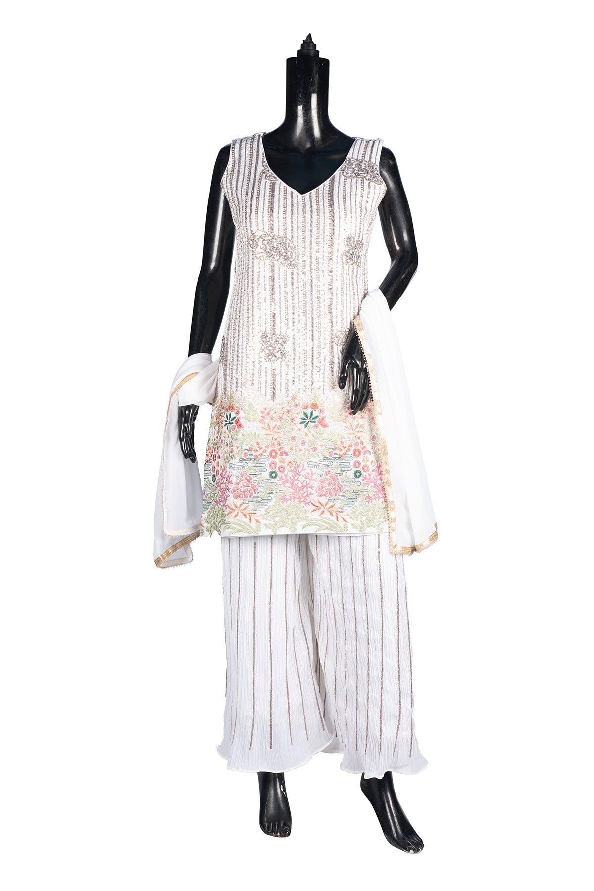 Silakaari Pure Cream Gold Sequin Hand-Work Party Wear Crepe Fancy Kurti Palazzo Set
