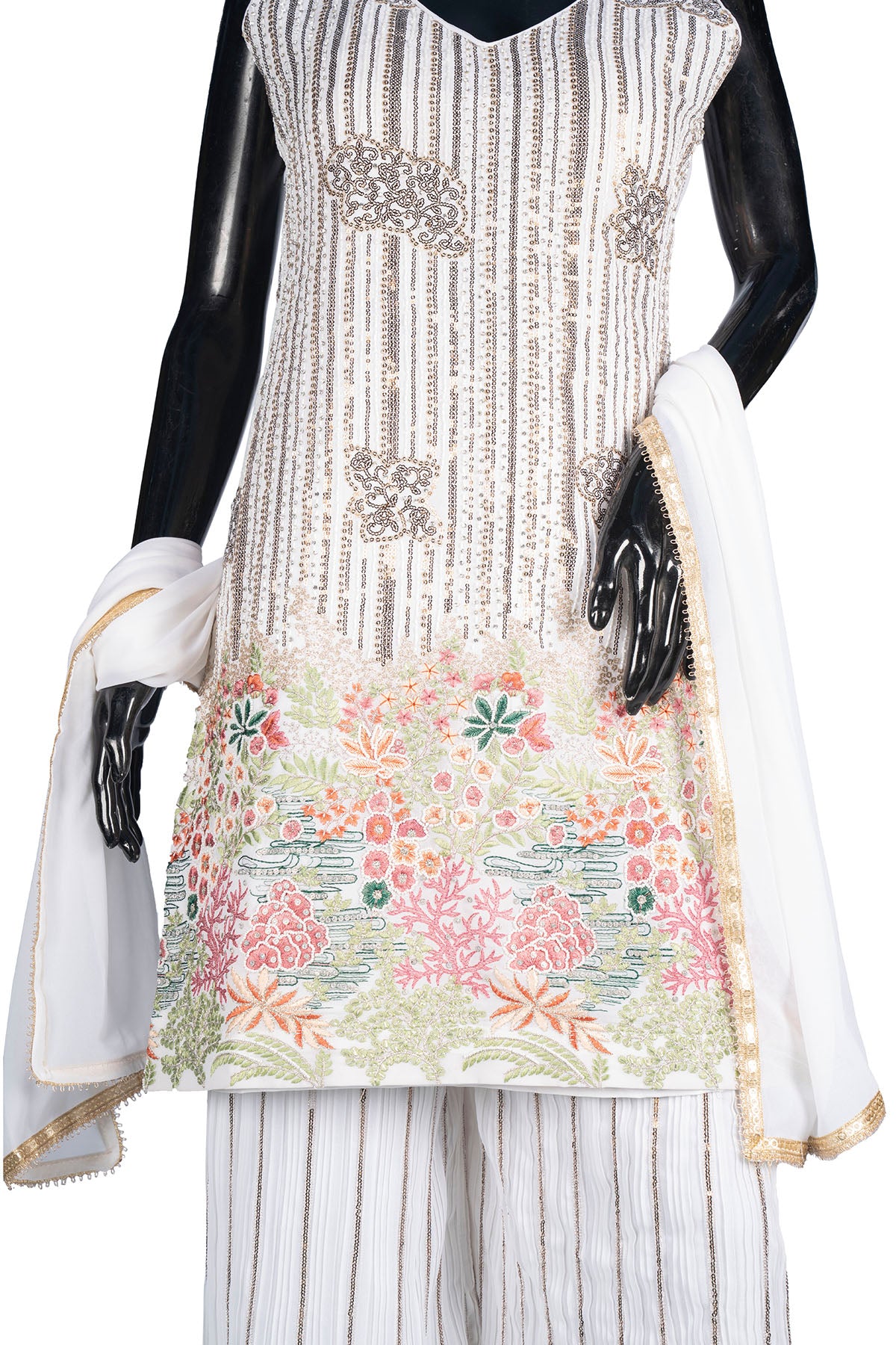 Silakaari Pure Cream Gold Sequin Hand-Work Party Wear Crepe Fancy Kurti Palazzo Set