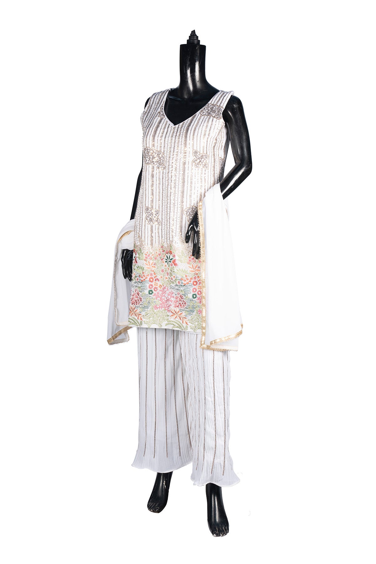 Silakaari Pure Cream Gold Sequin Hand-Work Party Wear Crepe Fancy Kurti Palazzo Set