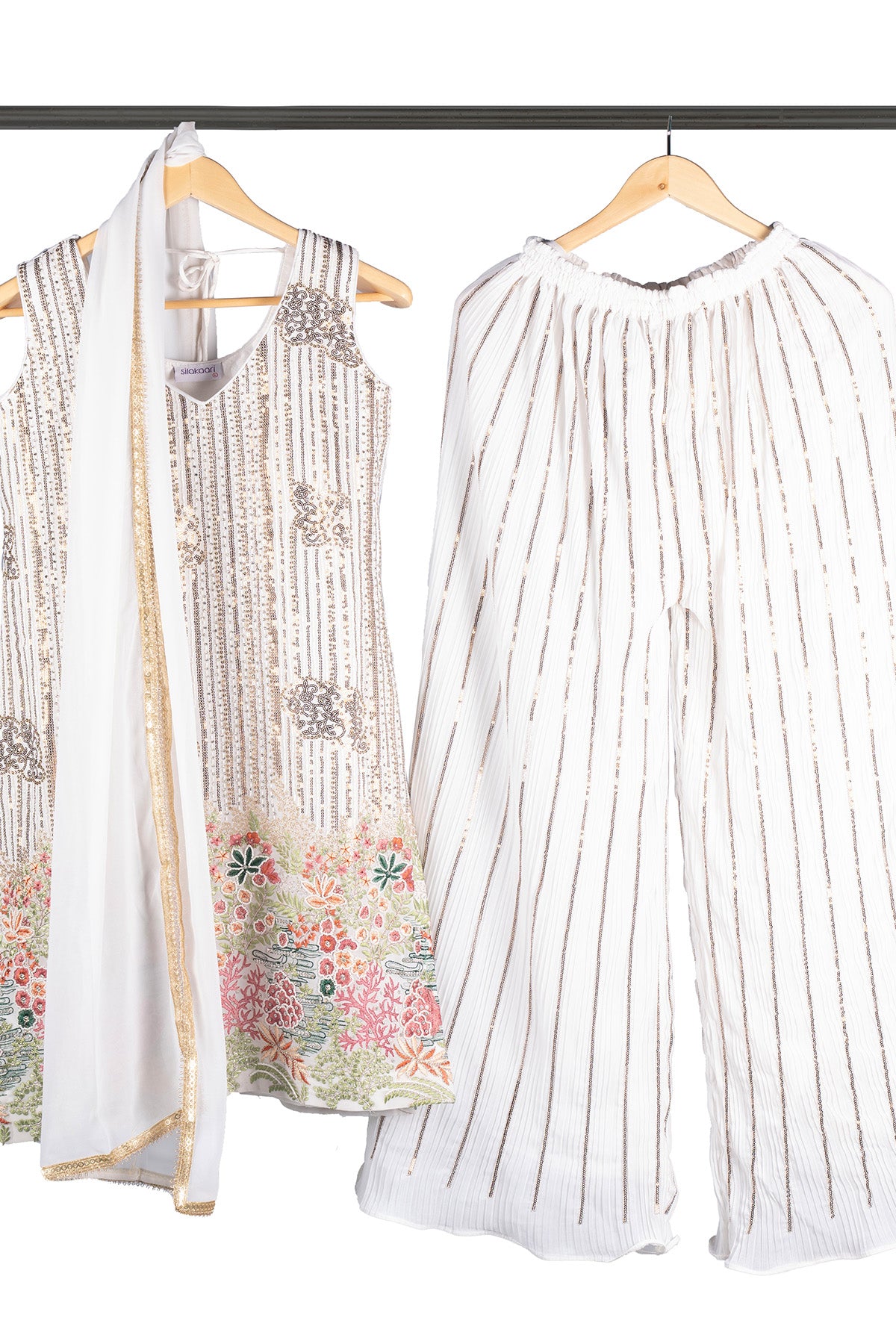 Silakaari Pure Cream Gold Sequin Hand-Work Party Wear Crepe Fancy Kurti Palazzo Set