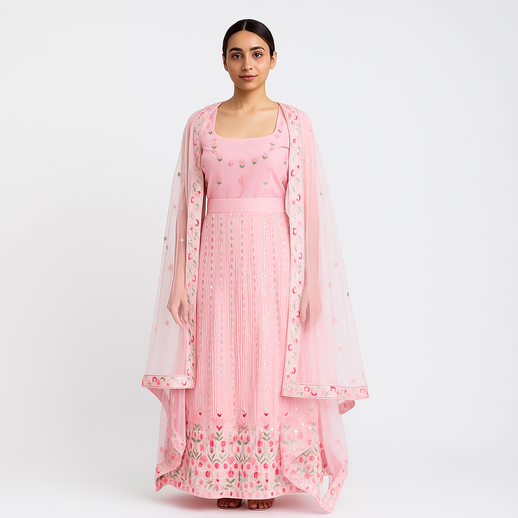 Silakaari Pink Pure Sequin Fancy Heavy Embroidery Unstitched Lehenga Sharara Set