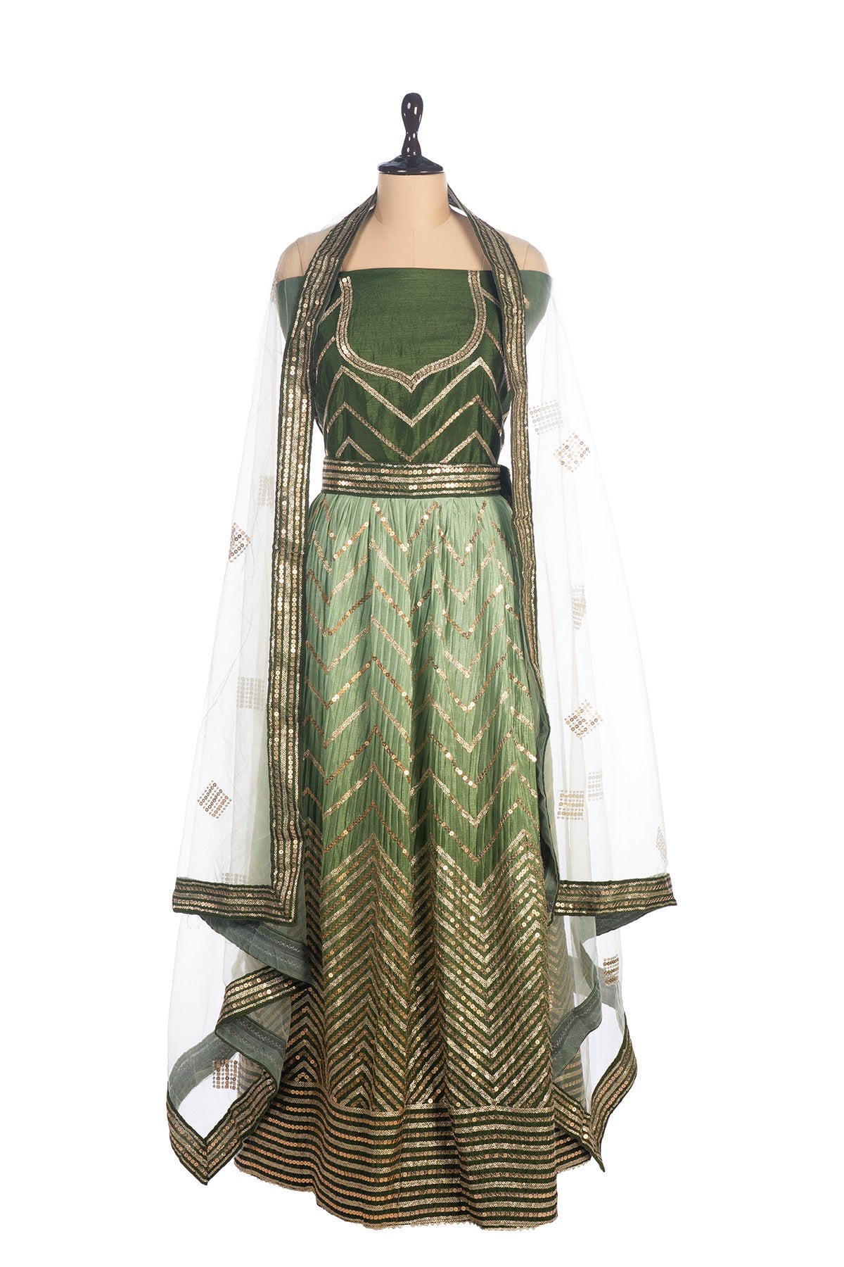 Silakaari Mehendi-Gold Shaded Pure Crepe Sequin Evening Unstitched Lehenga Sharara Set