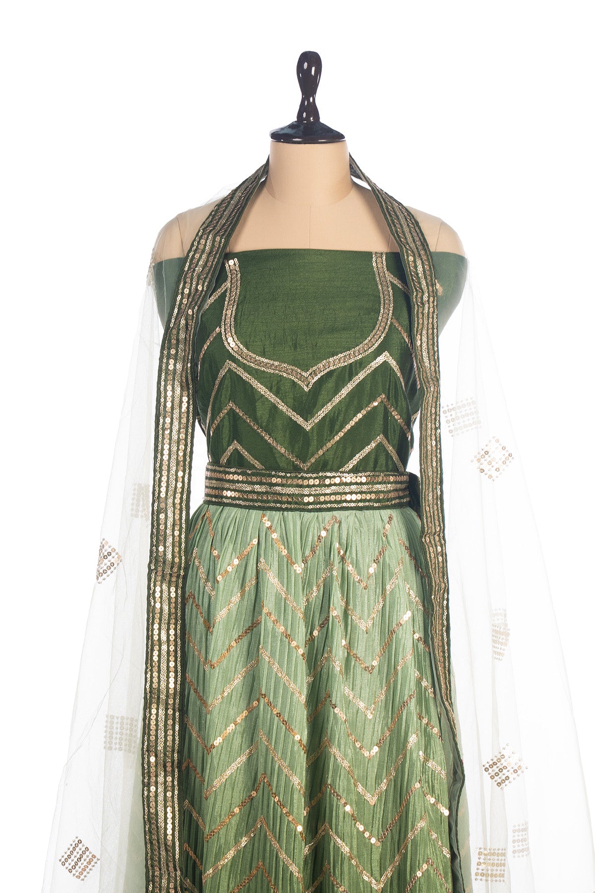 Silakaari Mehendi-Gold Shaded Pure Crepe Sequin Evening Unstitched Lehenga Sharara Set