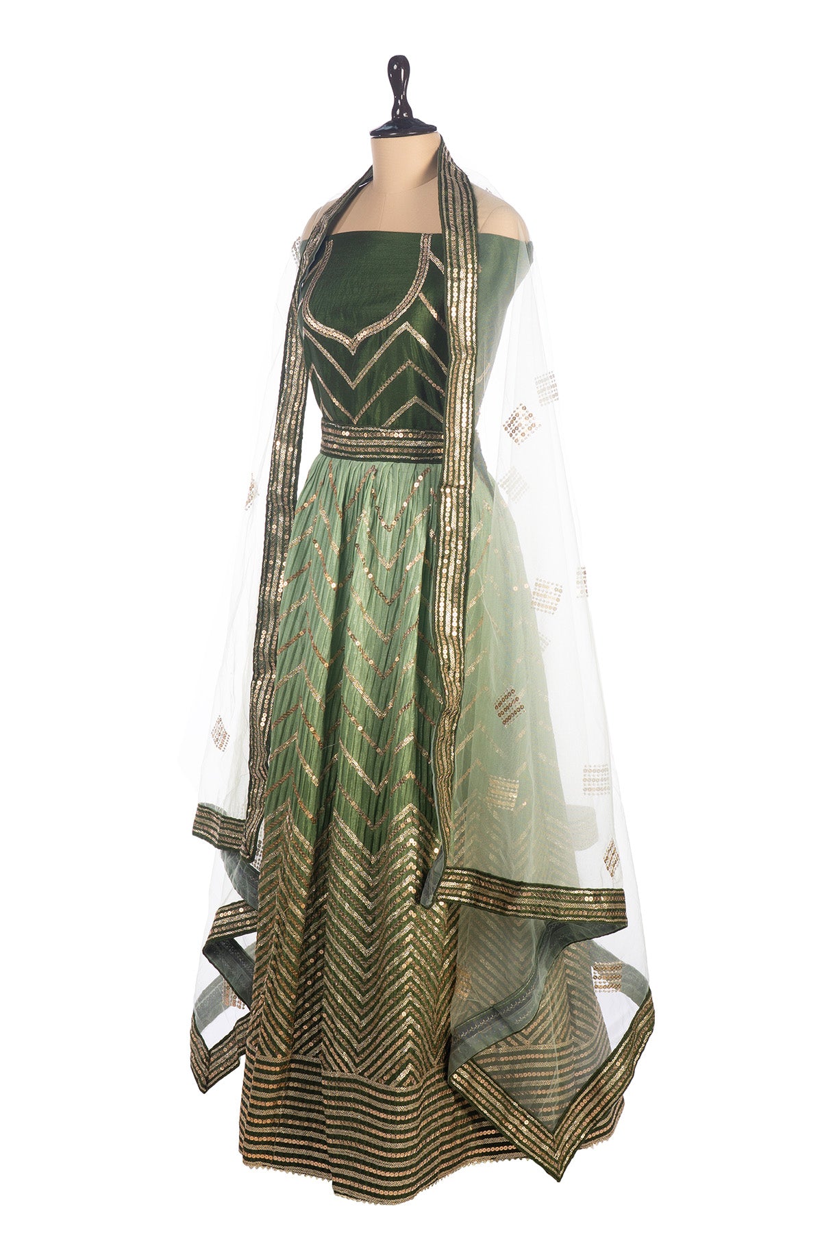 Silakaari Mehendi-Gold Shaded Pure Crepe Sequin Evening Unstitched Lehenga Sharara Set