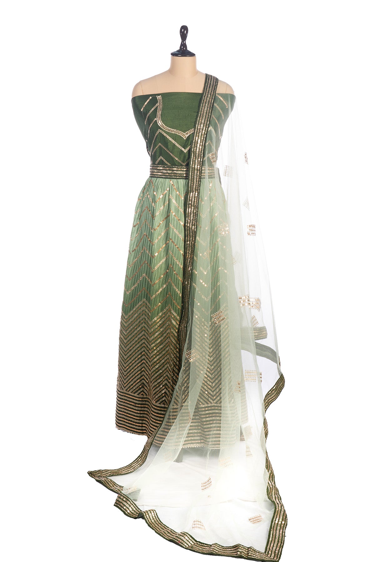 Silakaari Mehendi-Gold Shaded Pure Crepe Sequin Evening Unstitched Lehenga Sharara Set