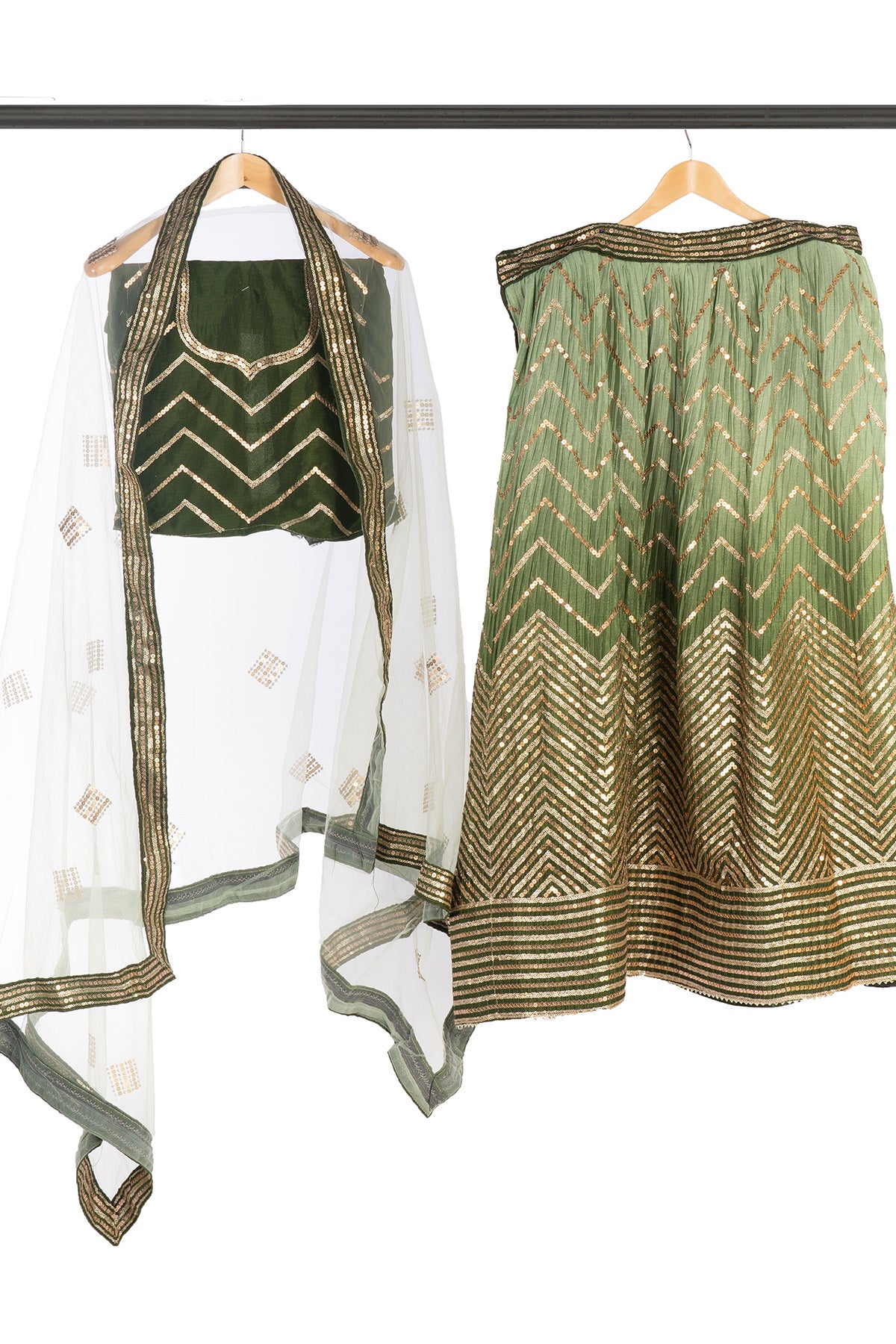 Silakaari Mehendi-Gold Shaded Pure Crepe Sequin Evening Unstitched Lehenga Sharara Set