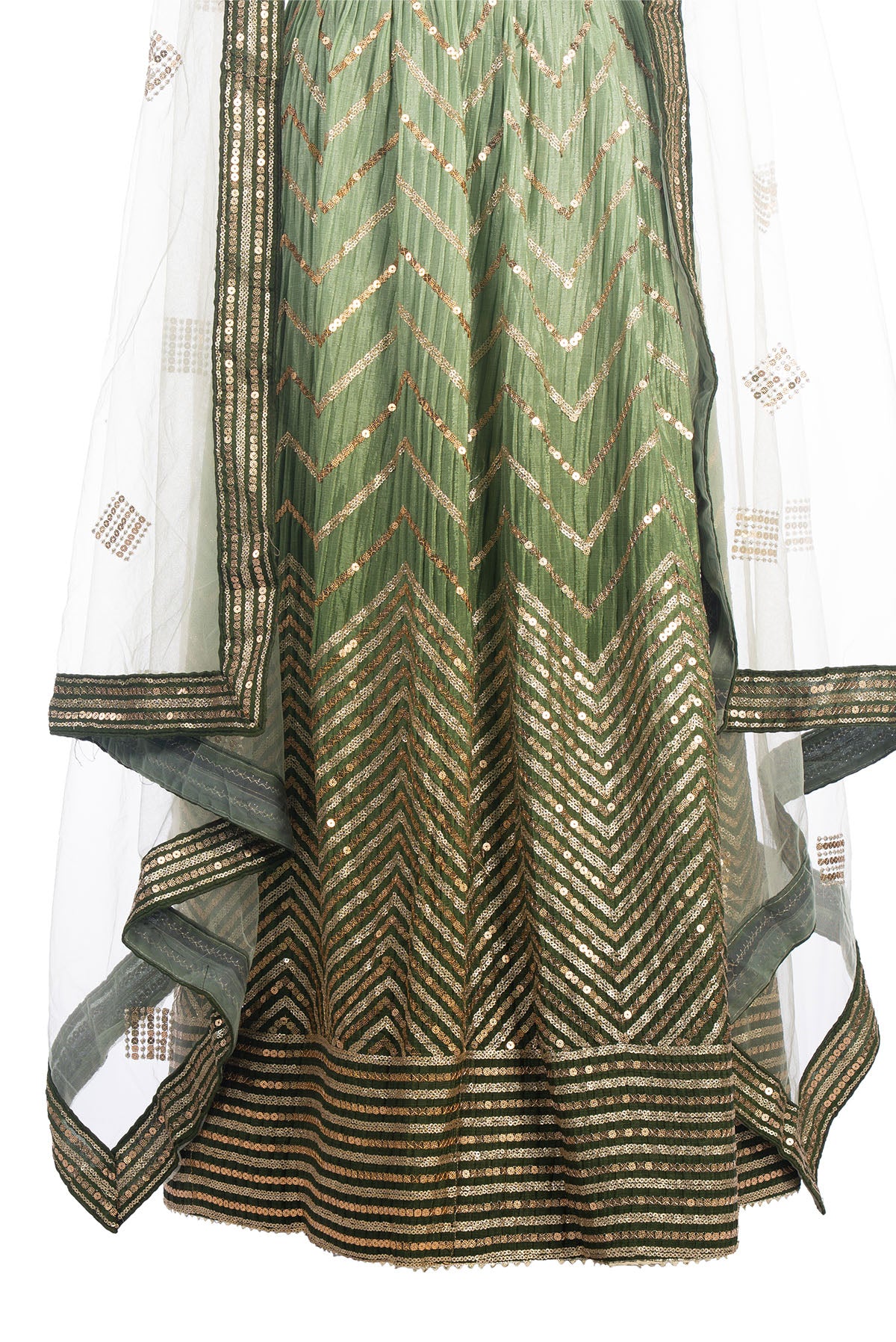 Silakaari Mehendi-Gold Shaded Pure Crepe Sequin Evening Unstitched Lehenga Sharara Set