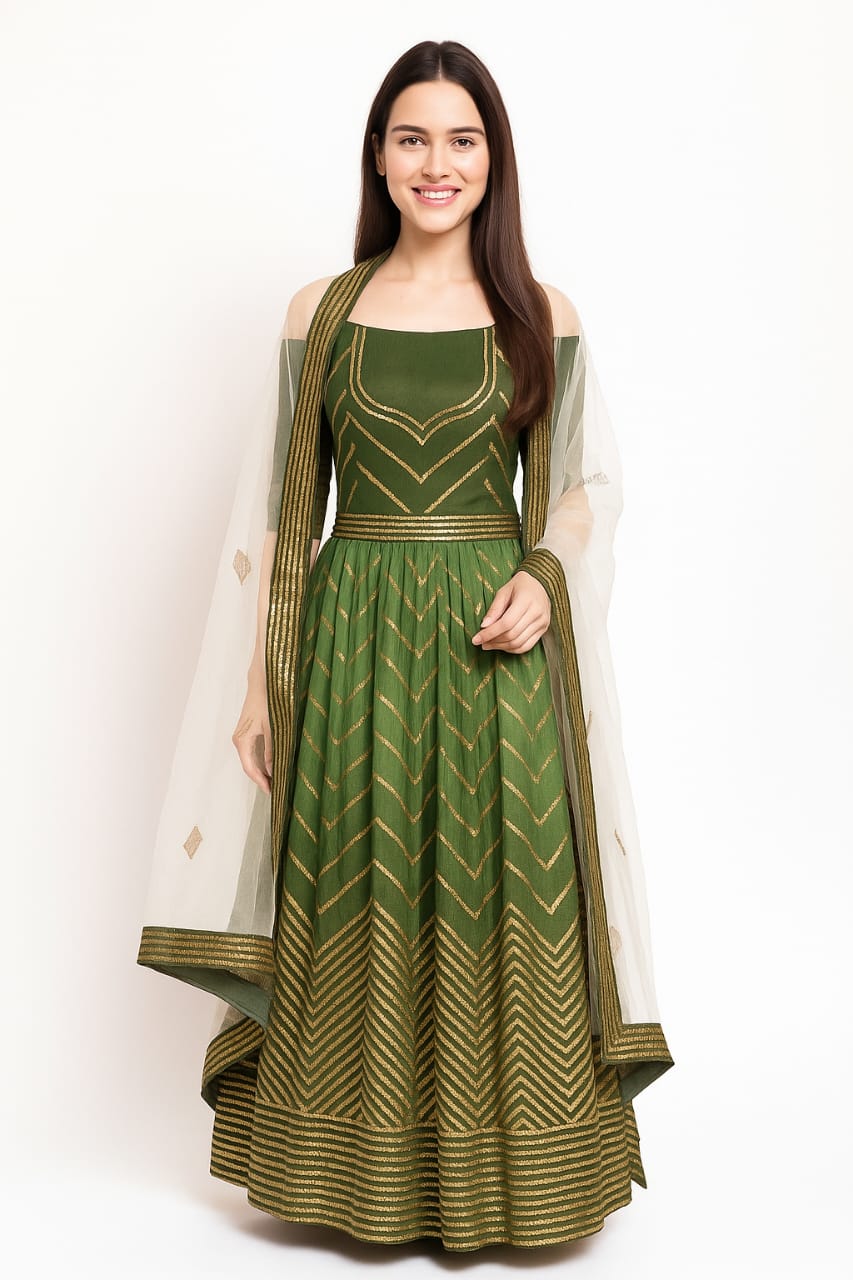 Silakaari Mehendi-Gold Shaded Pure Crepe Sequin Evening Unstitched Lehenga Sharara Set