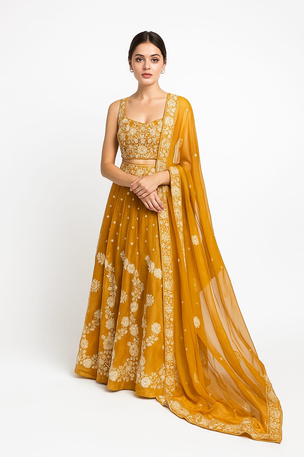 Silakaari Mustard Fancy Floral Sequin Heavy Parywear Unstitched Lehenga Sharara Set