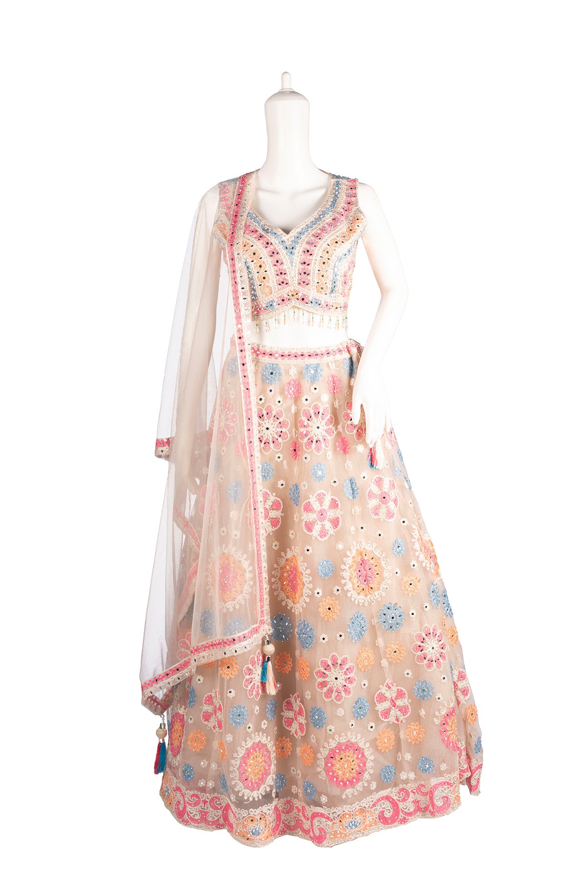 Silakaari Beige Pure Net Heavy Embroidery Mirror Thread Work Unstitched Lehenga Sharara Set