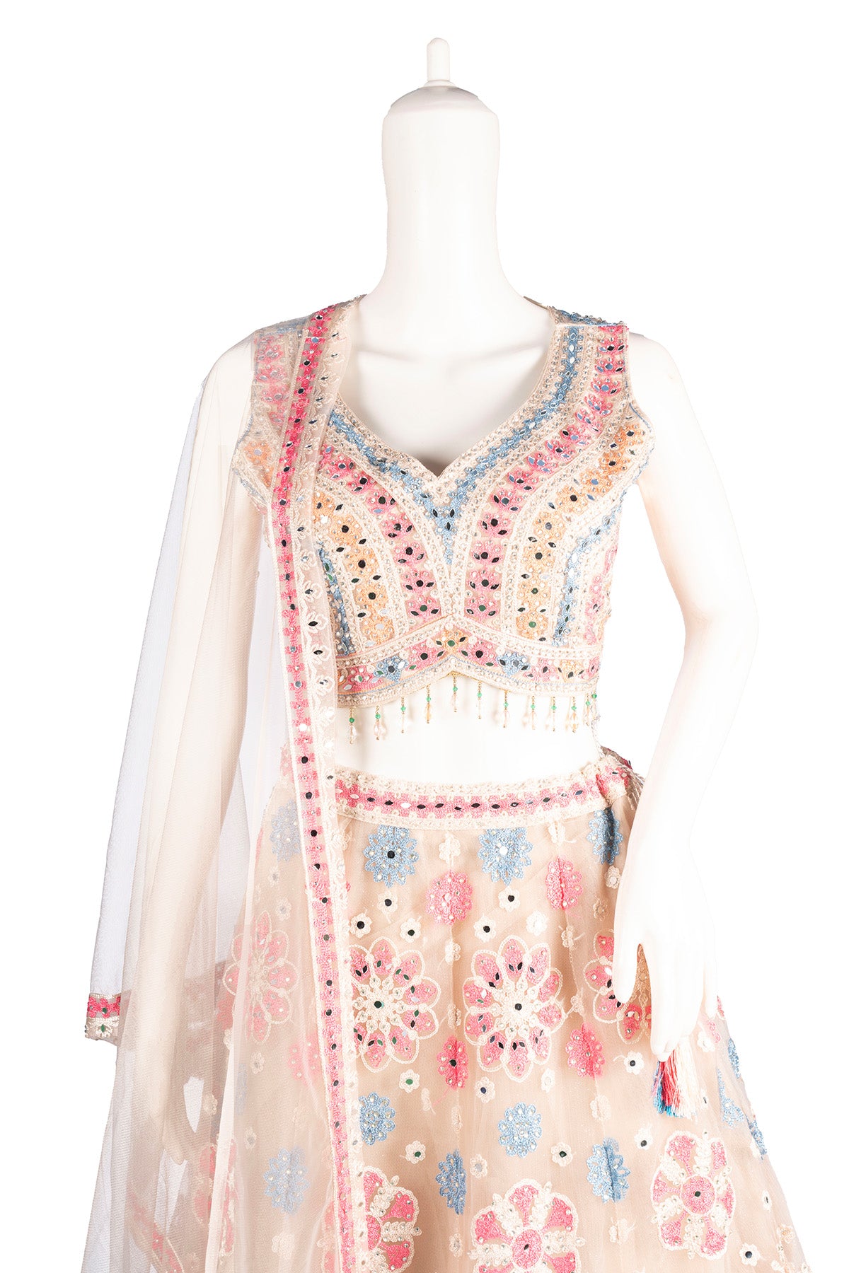 Silakaari Beige Pure Net Heavy Embroidery Mirror Thread Work Unstitched Lehenga Sharara Set