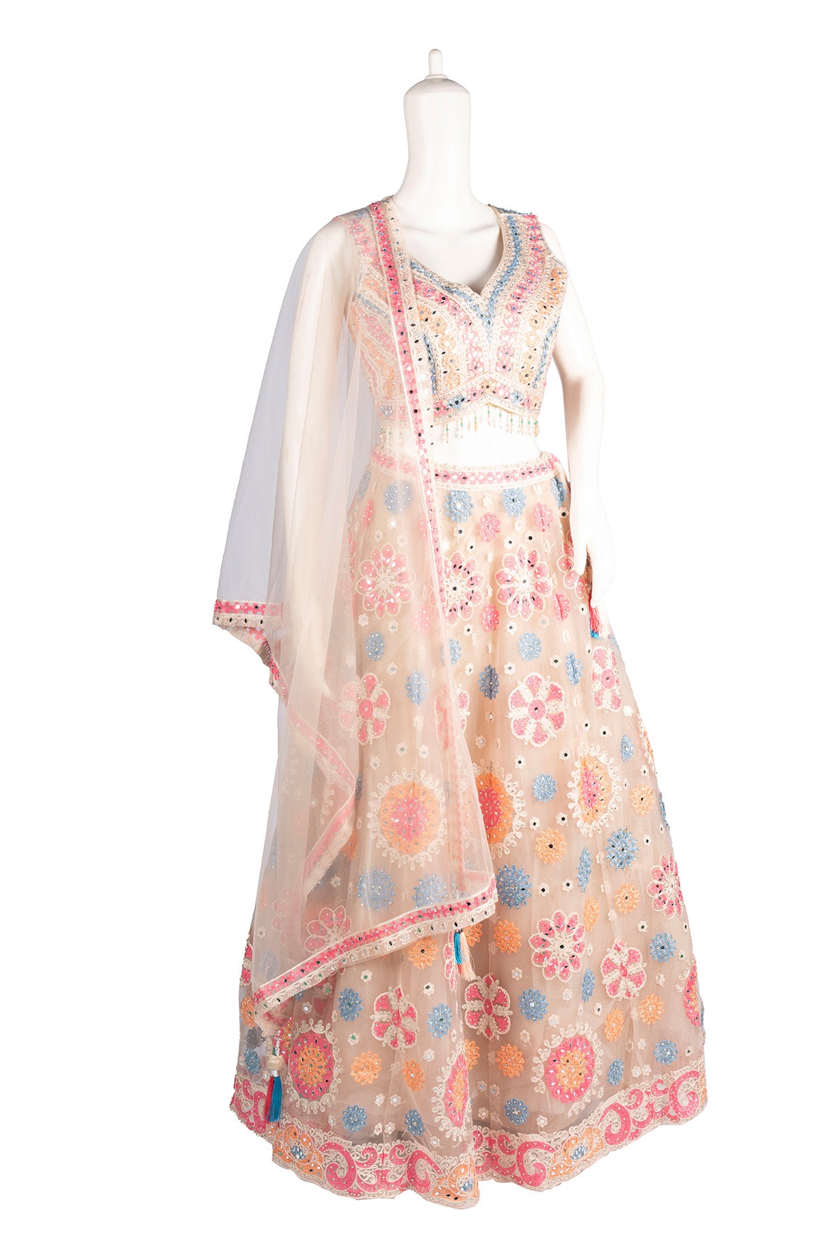 Silakaari Beige Pure Net Heavy Embroidery Mirror Thread Work Unstitched Lehenga Sharara Set