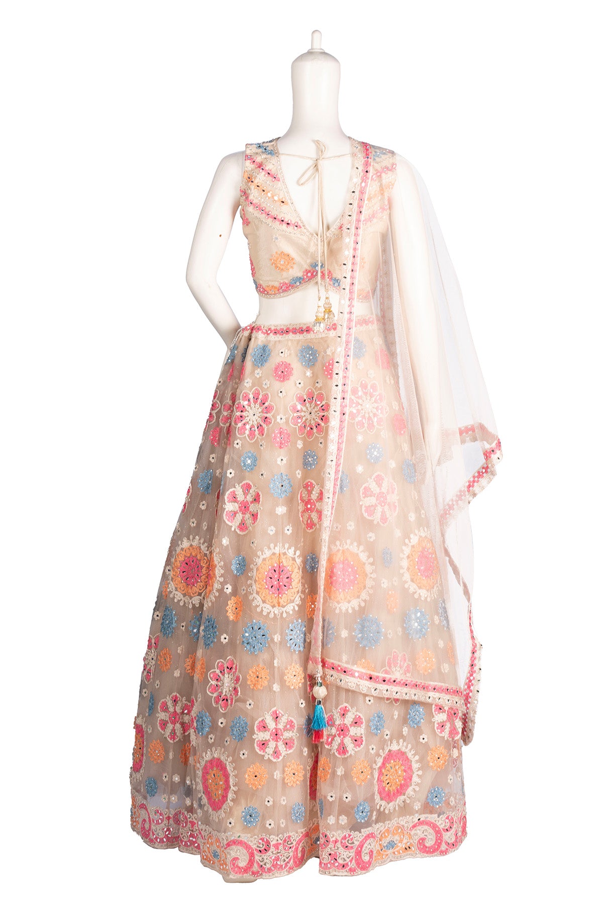 Silakaari Beige Pure Net Heavy Embroidery Mirror Thread Work Unstitched Lehenga Sharara Set