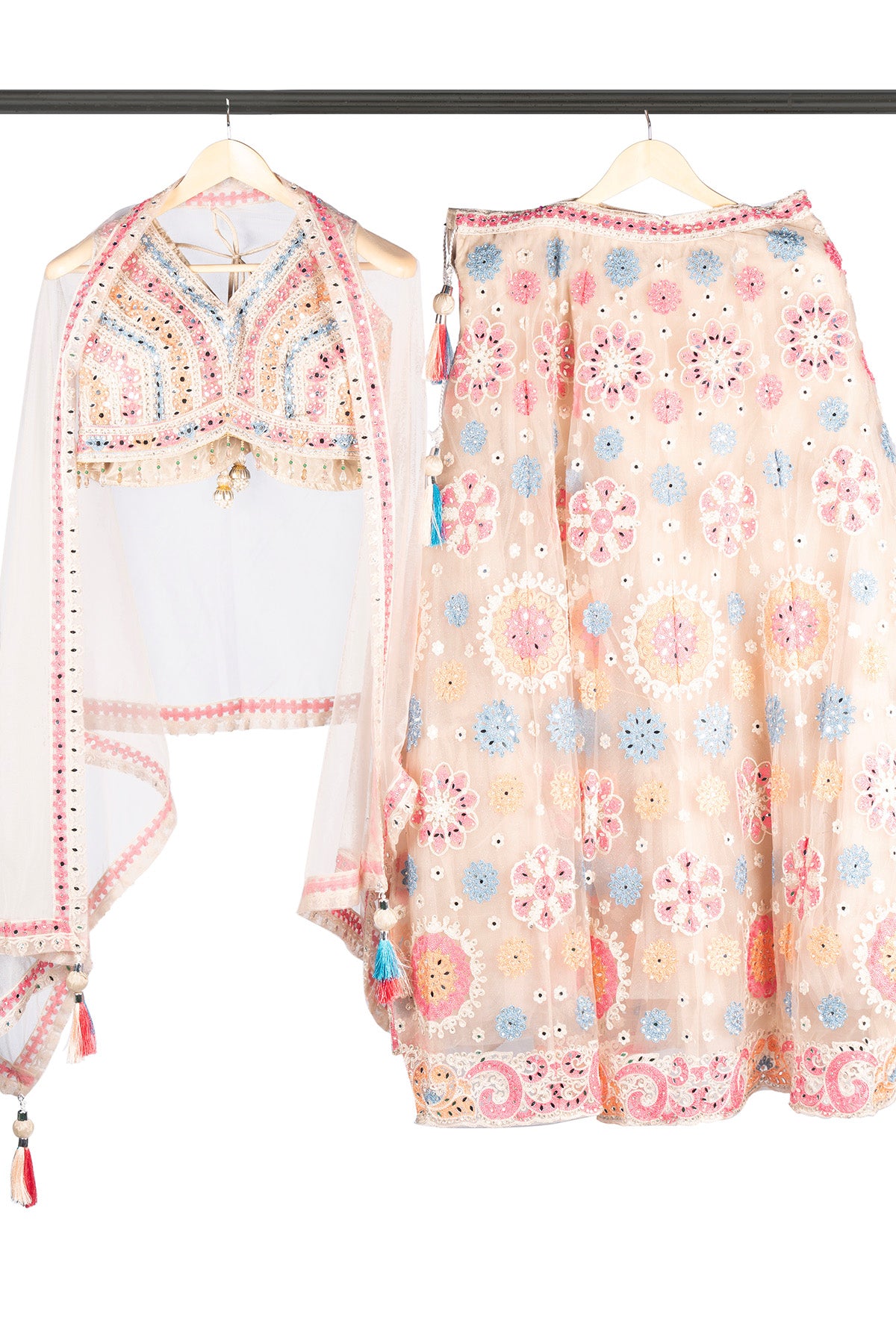 Silakaari Beige Pure Net Heavy Embroidery Mirror Thread Work Unstitched Lehenga Sharara Set