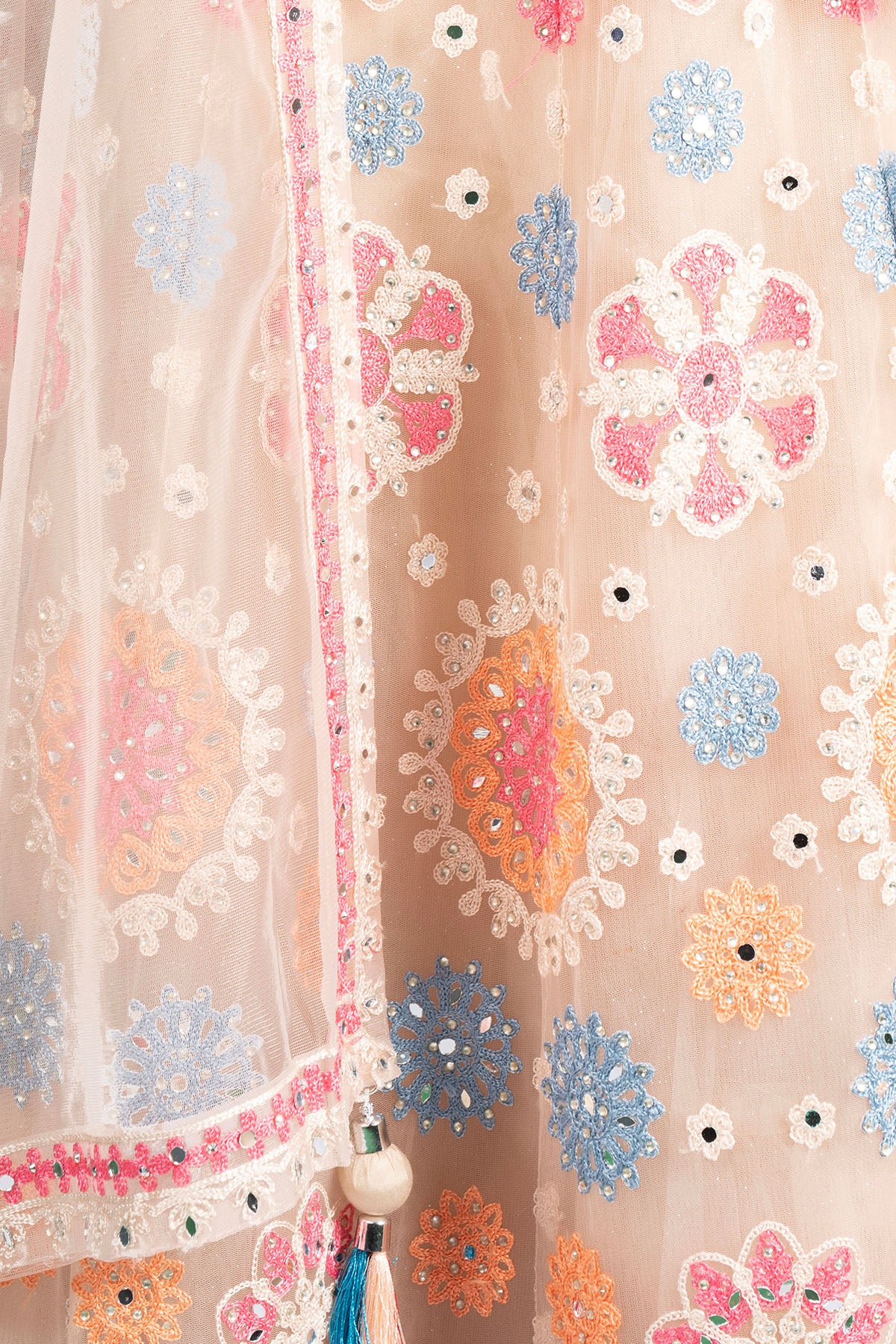 Silakaari Beige Pure Net Heavy Embroidery Mirror Thread Work Unstitched Lehenga Sharara Set