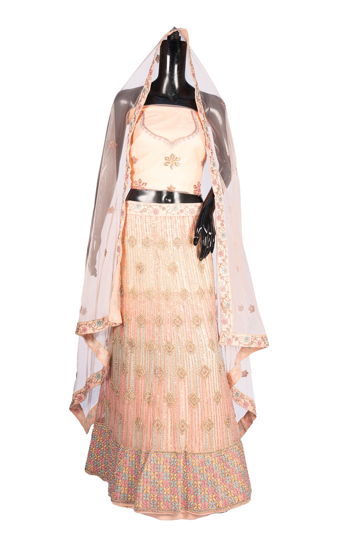 Silakaari Maghroor Peach Multi-Color Pure Net Zari Dimond Party Wear Unstitched Lehenga Set