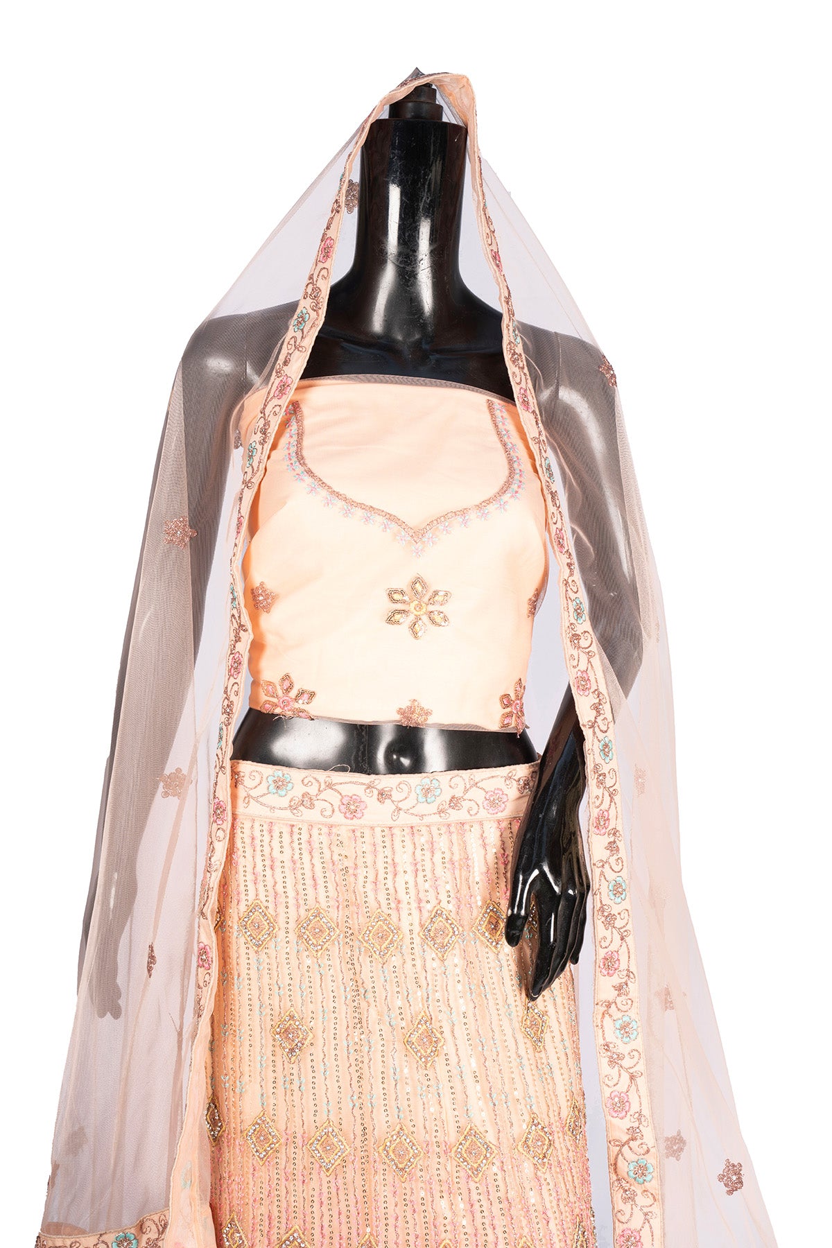 Silakaari Maghroor Peach Multi-Color Pure Net Zari Dimond Party Wear Unstitched Lehenga Set