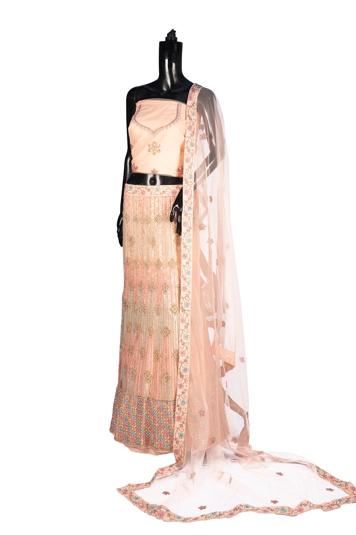 Silakaari Maghroor Peach Multi-Color Pure Net Zari Dimond Party Wear Unstitched Lehenga Set