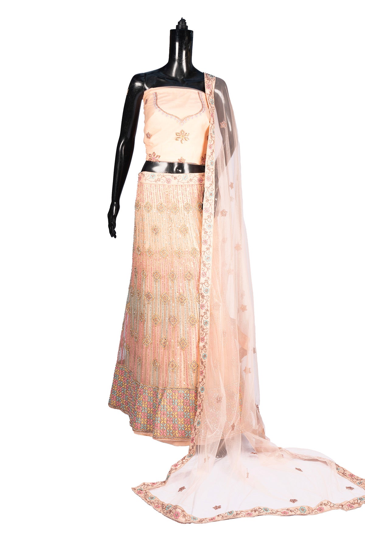 Silakaari Maghroor Peach Multi-Color Pure Net Zari Dimond Party Wear Unstitched Lehenga Set